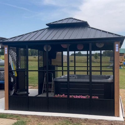 PURPLE LEAF Permanent Hardtop PC Frame Gazebo with Galvanized Steel Double Roof, Solarium Backyard Sunroom