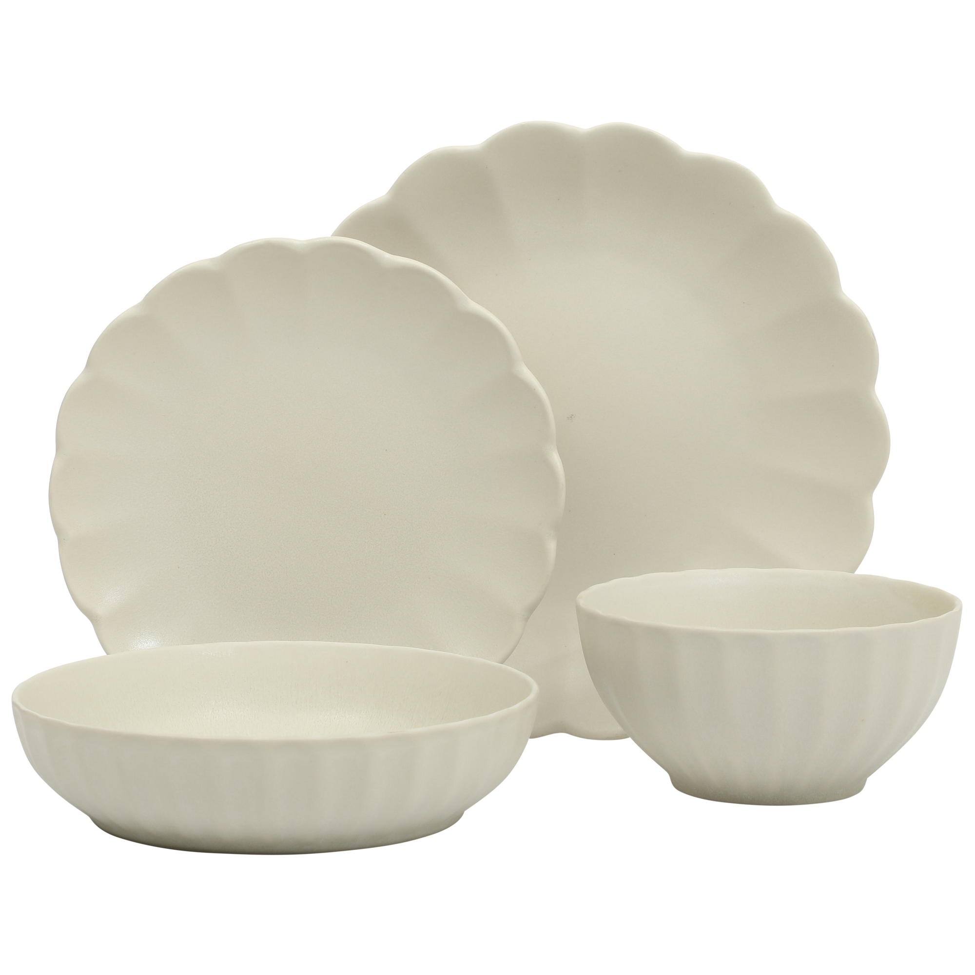 Gibson Elite Malibu Shore 16 Piece Scallop Stoneware Reactive Glaze (Service for 4) Ceramic Plates and Bowls Dinnerware Set - White