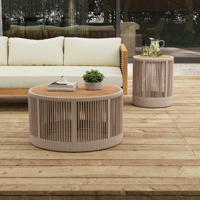 Set of 2 Rustic Coffee Table and Side Table,Acacia Wood Accent Table Set with Iron Frame,Modern Beige Woven Rope Table Set for Living Room-Coolbibila