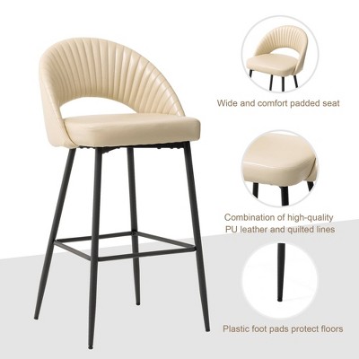 Set of 2 Cream Quilted Leatherette Bar Stools with Metal Legs
