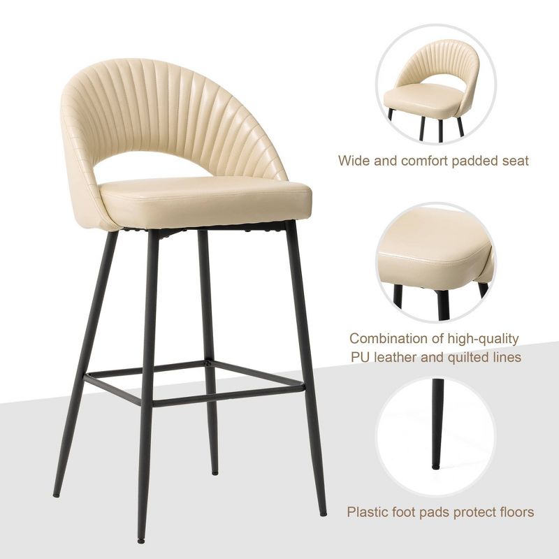 Set of 2 Modern Quilted Leatherette Bar Stools with Metal Tapered Legs Cream/White - Glitzhome, 5 of 10