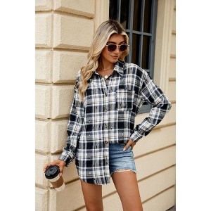 Coolmee Women's Plaid Shirts Contrast Color Soft Crochet Knit Shirts Long Sleeve Lapel Collar Button Down Blouses Tops with Pocket S Black - 1 of 4