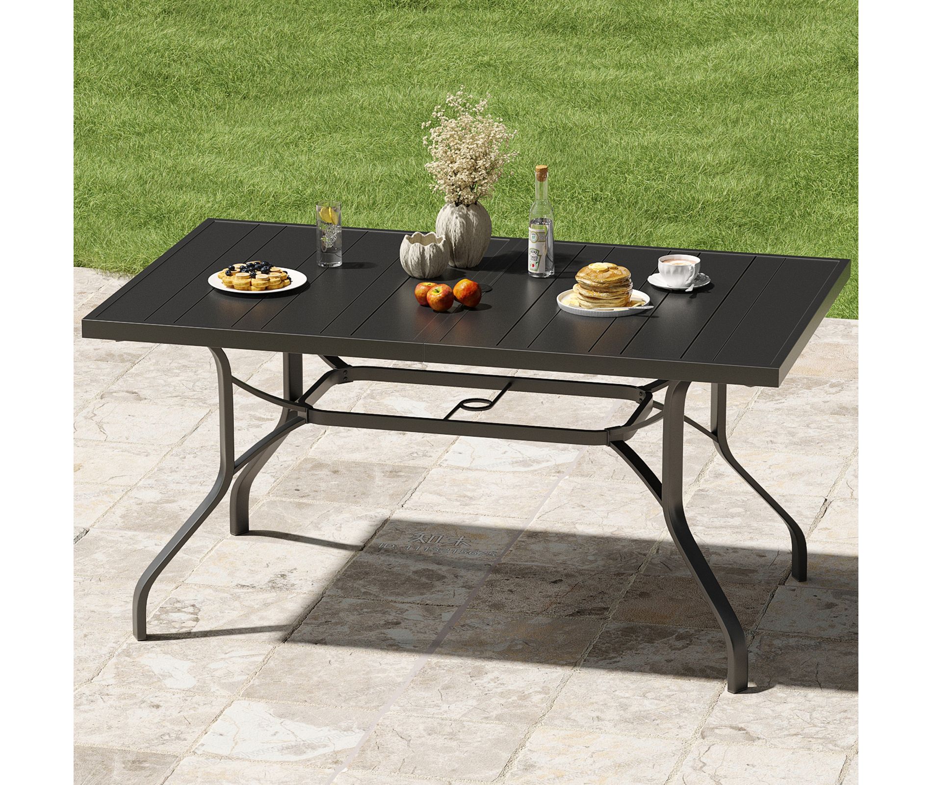 GDFStudio Keiko Modern Metal Rectangle Outdoor Dining Table with Umbrella Hole, Black