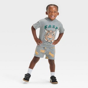Grayson Mini Toddler Boys' Tiger Short Sleeve Hoodie T-Shirt/Shorts Set - Gray - 1 of 4