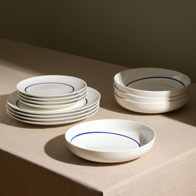 Luna Blue and White Porcelain 12-Piece Dinnerware Set, Service for 4