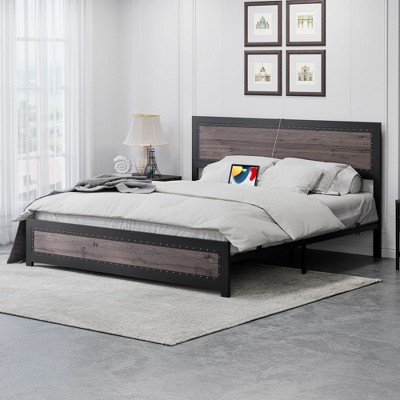 Coucheta Bed Frame with Charging Station,Industrial Platform with Headboard,Metal Slat Frame,No Box Spring Needed,Easy Assembly