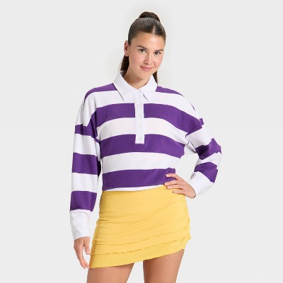 Women's Game Day Striped Cropped Long Sleeve Polo T-Shirt - JoyLab™