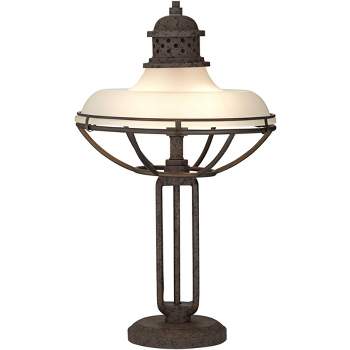 Franklin Iron Works Rustic Industrial Table Lamp Open Cage 26.5" High Rust Bronze Half Dome Glass Shade for Living Room Bedroom Nightstand