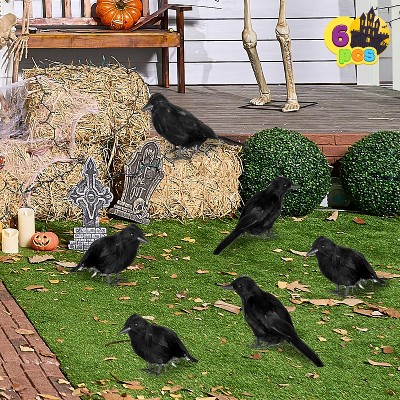 Joyfy 6 Pcs Black Crows Halloween Party Favors, Fake Bird Props for Haunted House Cemetery Yard Table, Tree Wall Window Indoor Outdoor Decor Supplies