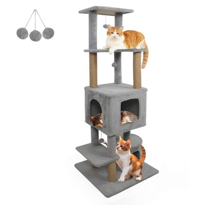 Costway 64” Tall Cat Tree with 2 Large Condos, Jute Scratching Posts, Plush Top Perch Beige/Dark Gray/Light Gray