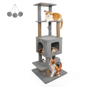Costway 64” Tall Cat Tree with 2 Large Condos, Jute Scratching Posts, Plush Top Perch Beige/Dark Gray/Light Gray - 1 of 2