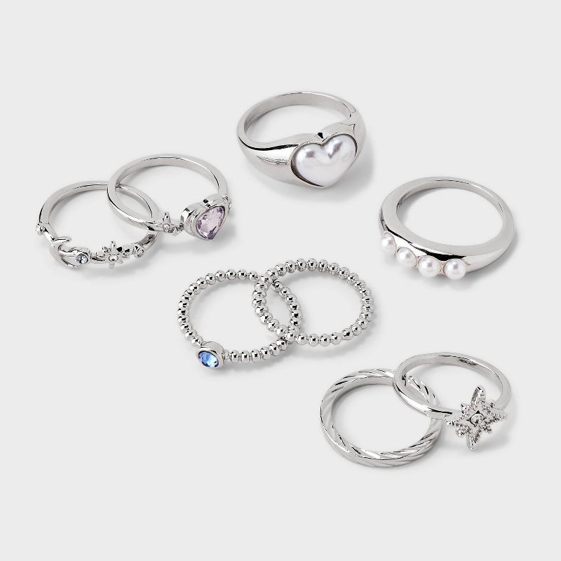 Pearl Heart and Star Ring Set 8pc - Wild Fable&#8482; Silver, 1 of 11