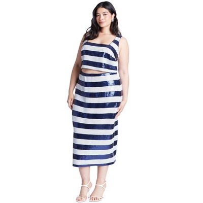 ELOQUII Women's Plus Size Sequin Striped Midi Skirt