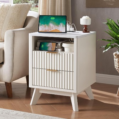 18" Modern Fluted Nightstand with Charging Station, Side Table with Faux Marble Top for Bedroom, Living Room