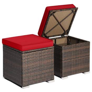 Tangkula 2 Pieces Patio Ottoman Outdoor Wicker Footstool Storage Box Side Table w/ Solid Metal Frame Additional Seating w/ Removable Cushions Beige/Off White/Red/Turquoise/Gray/Navy