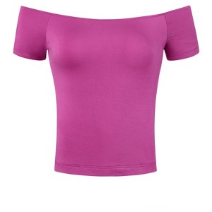 INSPIRE CHIC Women's Short Sleeves Off The Shoulder Stretchy Fabric Solid Crop Top - 1 of 4