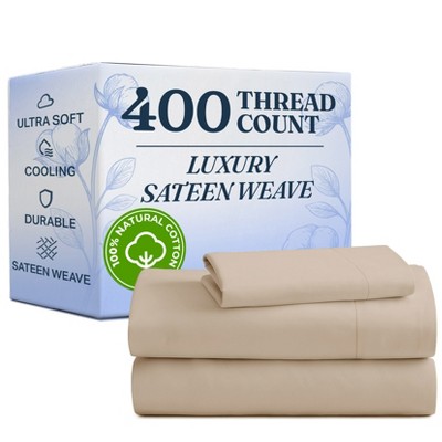 100% Cotton 400 Thread Count 4 Piece Sheet Set - Soft & Cozy Sateen Bed Sheets - CGK Linens