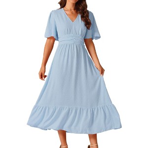 Seta T Women's Boho Ruffle Short Sleeve V Neck Swiss Dots Tiered Midi Dress - 1 of 4