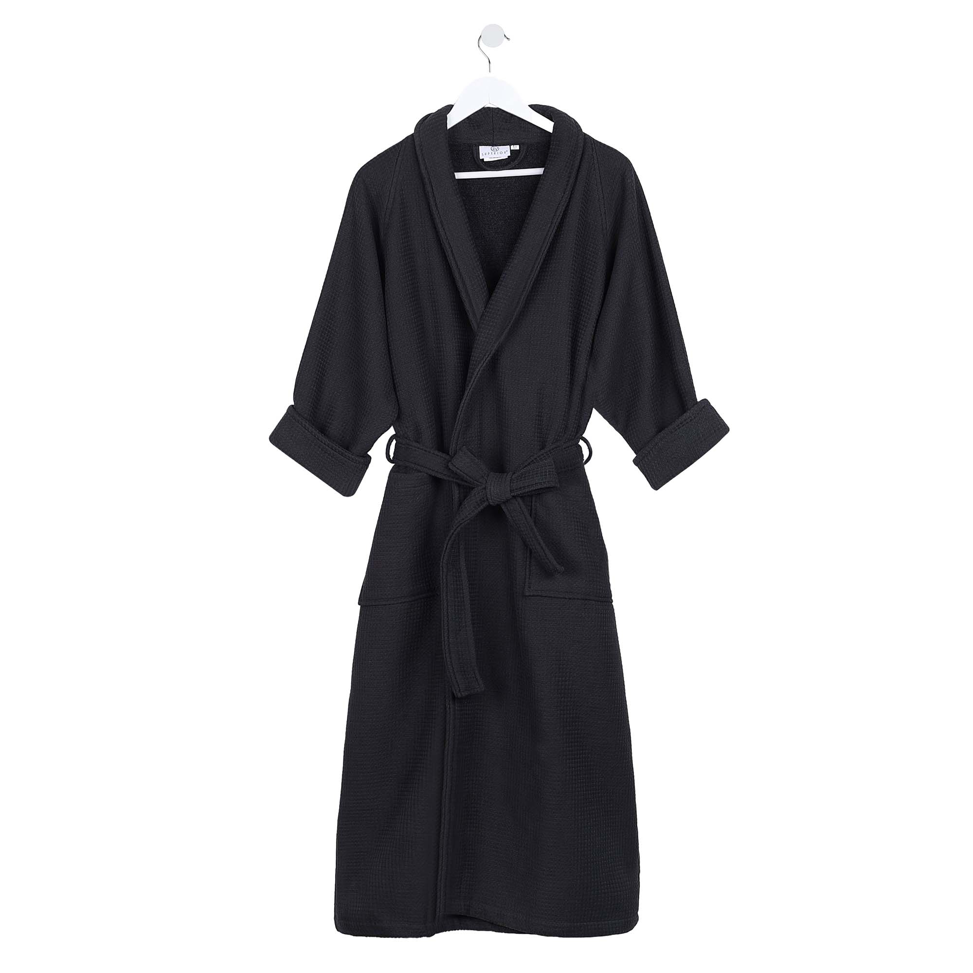 Waffle Weave Cotton Soft Plush Adult Unisex Lightweight Bathrobe, Large, Black - Blue Nile Mills