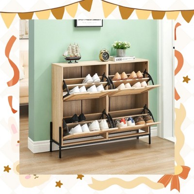 Garvee Elegant Natural Rattan Shoe Cabinet Organizer – 4 Flip Doors, Freestanding Design with 3-Tier Adjustable Shelves, Closets, and Hallways