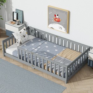 Twin Size Floor Bed with Fence and Safety Guardrails - 1 of 4