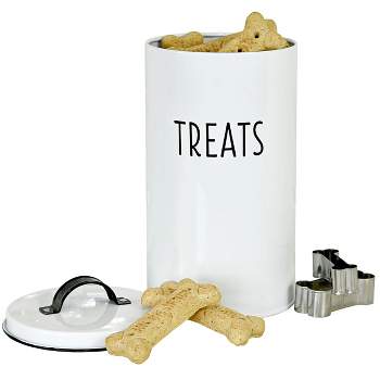 Outshine Co White Farmhouse Cat and Dog Treat Container with 2 Dog Bone Cookie Cutters