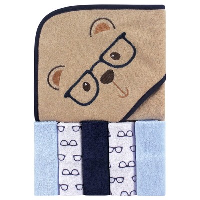 Image of Luvable Friends Baby Boy Hooded Towel with Five Washcloths, Smart Bear, One Size