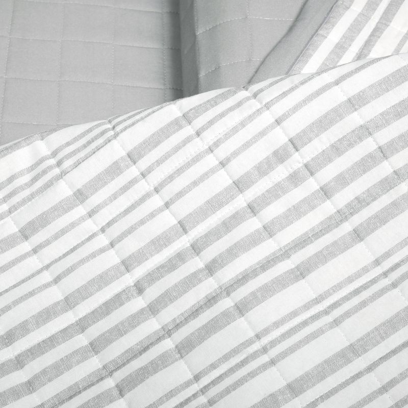 Lush Décor 3pc Farmhouse Box Stitch And Stripe Oversized Reversible Cotton Quilt Set Gray, 4 of 8