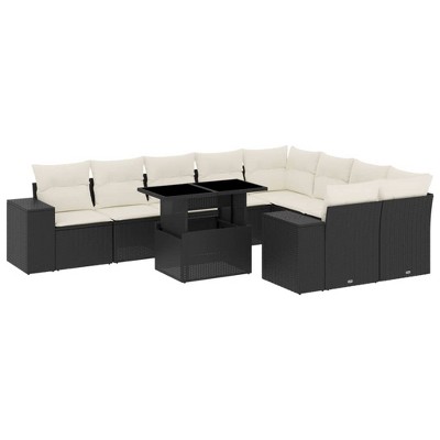 vidaXL 10 Piece Patio Sofa Set with Cushions Black and Cream Poly Rattan