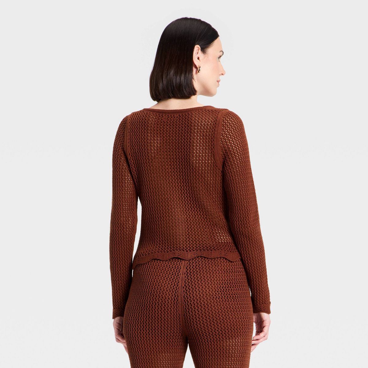 Women's Long Sleeve Button-Up Scalloped Hem Crochet Cardigan Sweater - A New Day™ Brown - thumbnail 2