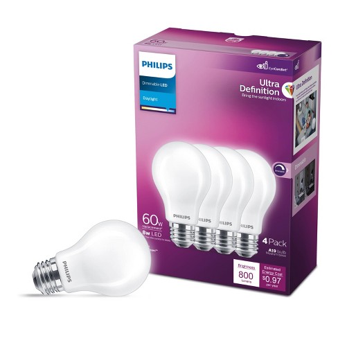 Philips UltraDef LED 60W Frosted Daylight A19 4P: Energy Star Certified Dimmable Light Bulbs, 800 Lumens, 13.7-Year Life - image 1 of 4