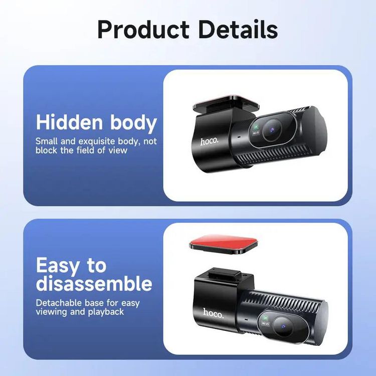 Two images of a black colored camera with "hoco" branding, featuring a hidden body and easy-to-disassemble design, with accompanying text descriptions.