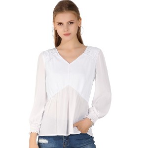INSPIRE CHIC Women's Ruffled Long Puff Sleeves V Neck Solid Color Blouses - 1 of 4