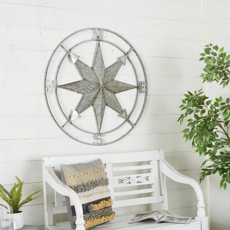 Metal Compass Wall Decor with Distressed Copper Like Finish Silver - Olivia &#38; May, 3 of 9