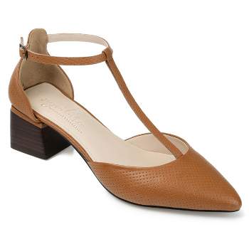 Journee Signature Womens Genuine Leather Cameela Buckle Low Stacked Heel Almond Toe Pumps