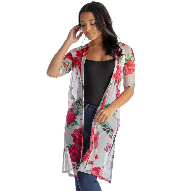24seven Comfort Apparel Plus Size White And Red Floral Pattern Knee Length Sheer Cardigan, 1 of 5