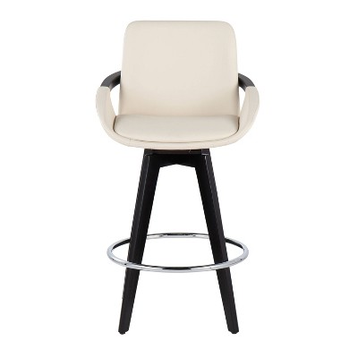 Cosmo Cream Faux Leather Swivel Counter Stools with Dark Wood Legs, Set of 2
