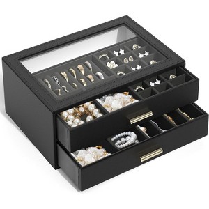 Leather Jewelry Box with Clear Lid, 2-Drawer Storage Organizer Case for Necklaces, Rings, Earrings, Bracelets - 1 of 4