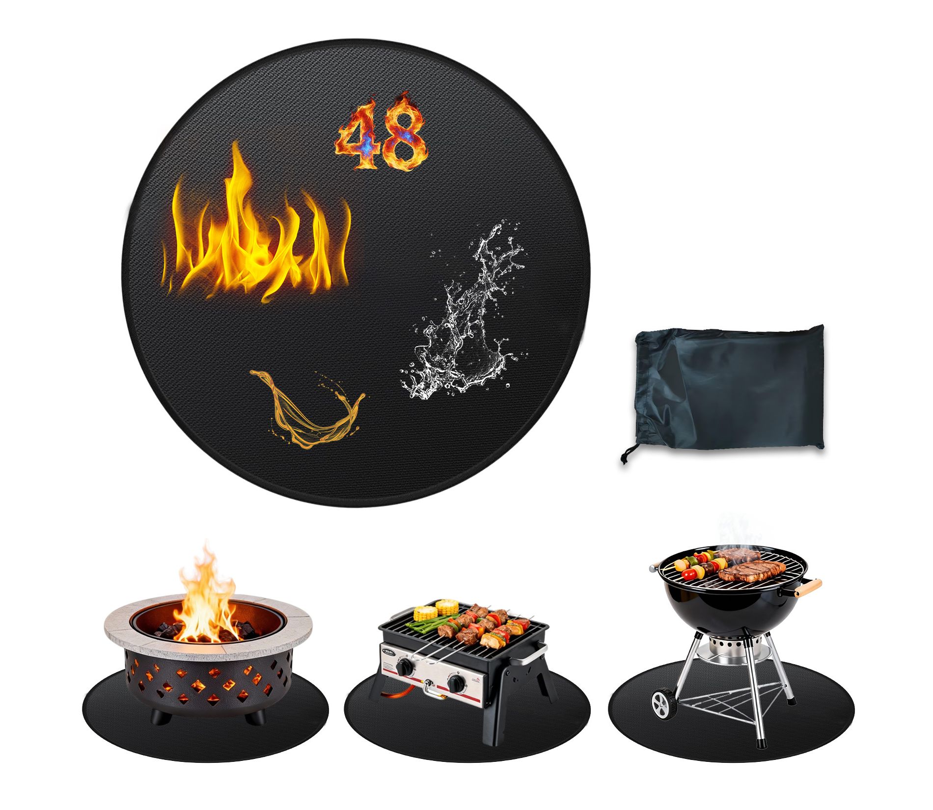 48'' Round Fireproof Grill Mat, Heat Resistant & Waterproof/Oil-Proof, Double-Sided for Fire Pit, BBQ, Patio Protection