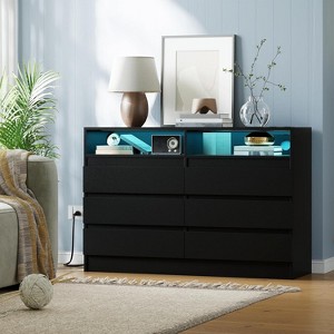 6 Drawer Dresser, Black LED Dresser with Charging Station, Anchors to Wall, 6-Color Adjustable Light Strip, Suitable for Bedroom, Living Room - 1 of 4