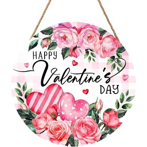 Lomsoe Happy Valentine's Day Rose Flower Front Door Sign Valentines Flower Wooden Door Hanging Sign For Anniversary Wedding Farmhouse Holiday 8x8Inch - 1 of 1