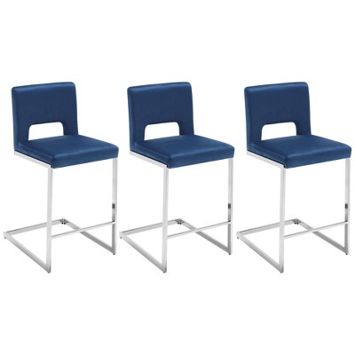 26" H Bar Stools Set of 3 - Modern Velvet Barstools with Hollow Back, Upholstered Armless Kitchen Island Stools, Blue with Chrome Metal Frame
