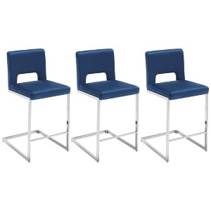 26" H Bar Stools Set of 3 - Modern Velvet Barstools with Hollow Back, Upholstered Armless Kitchen Island Stools, Blue with Chrome Metal Frame - 1 of 4