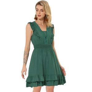 Allegra K Women's Sleeveless V Neck Lace Trim Smocked Waist Ruffled Dress - 1 of 4