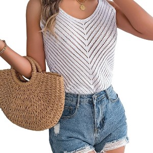Women's V Neck Sleeveless Tank Tops Sweater Vest Crochet Hollow Out Summer Causal Knitted Top - 1 of 4