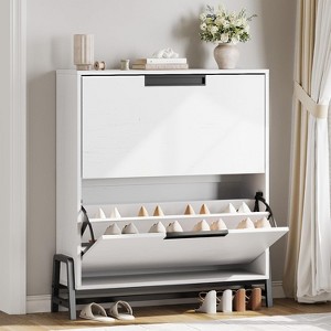 Shoe Storage Cabinet with 2 Flip Drawers, Freestanding Shoe Organizer with Metal Legs, Adjustable Shelf Narrow Shoe Rack - 1 of 4