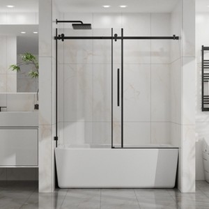 60"x58" Frameless Sliding Bathtub Door, 1/4"(6mm) Clear Tempered Glass with Easy-Clean Coating, Stainless Steel Hardware, Matte Black Finish - 1 of 4