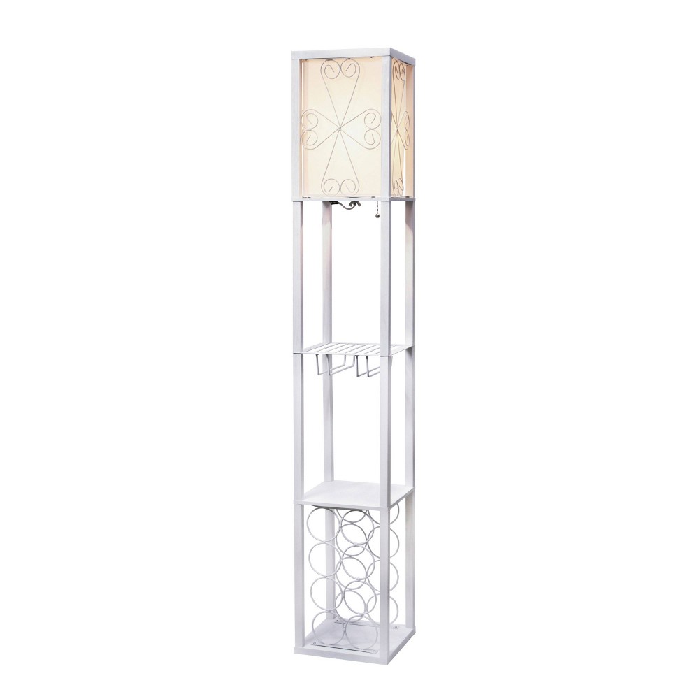 Simple Designs 62.5&#34; Three Shelf Organizer and Wine Rack Floor Lamp with Feit LED (Includes LED Light Bulb) White
