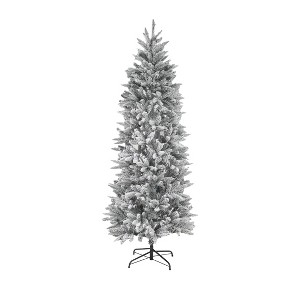 LuxenHome 7Ft Pre-Lit Artificial Flocked Christmas Tree, Artificial Christmas Tree with Metal Stand Green - 1 of 4