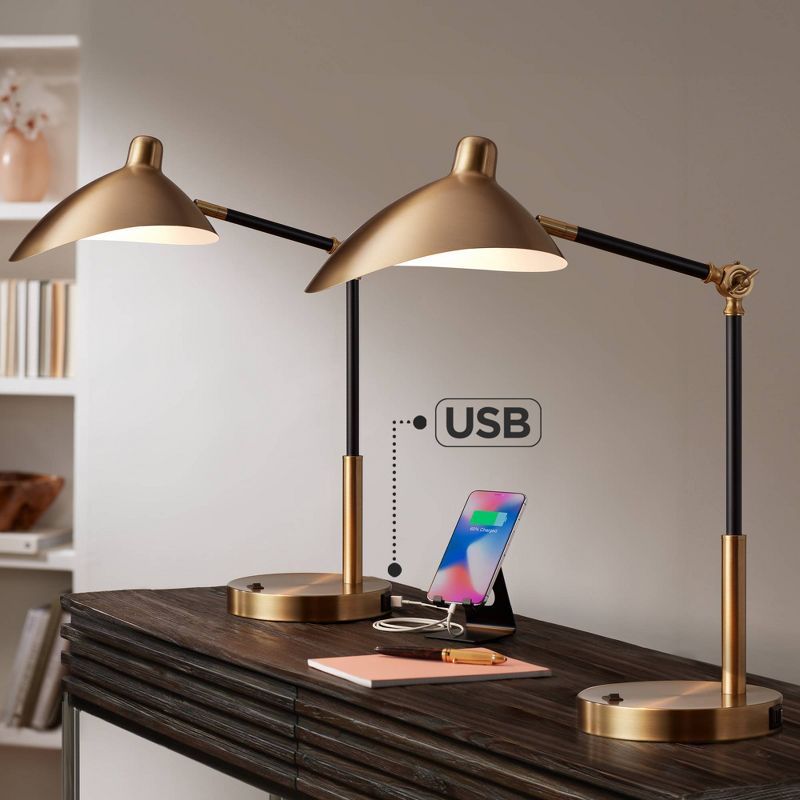 360 Lighting Colborne 28" Tall Mid Century Modern Desk Lamps Set of 2 USB Port Adjustable LED Black Gold Metal Home Office Living Room Charging, 2 of 10